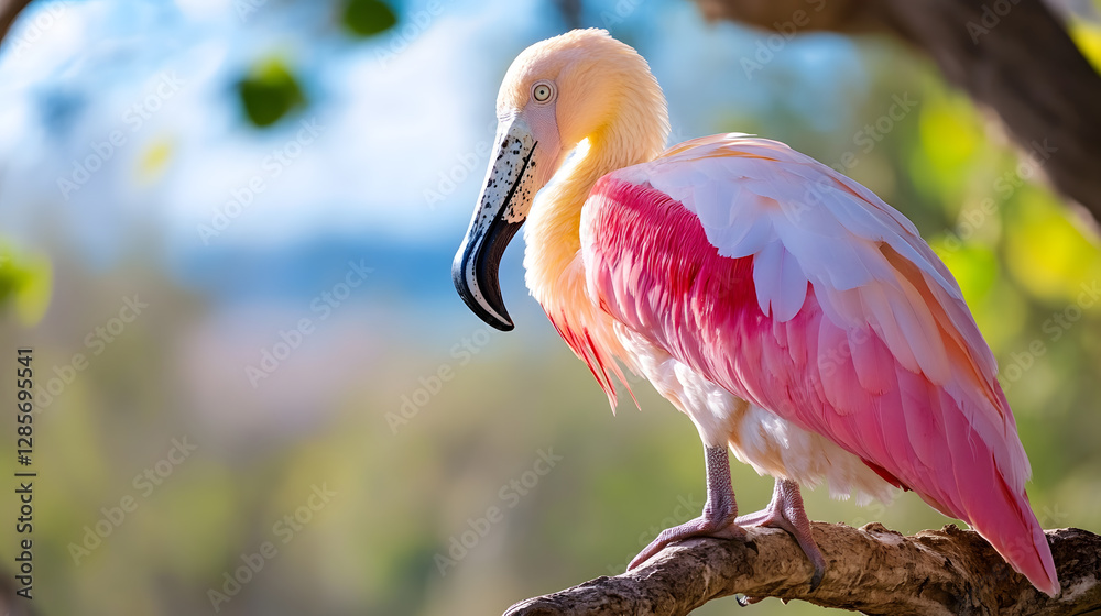Poster Pink Flamingo Perched on Tree Branch with Soft Focus Background in Natural Habitat : Generative AI