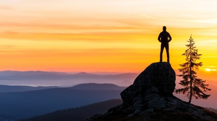 A man standing on top of a mountain at sunset