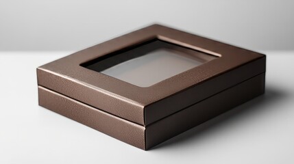 Hanger box with rounded edges and a clear window, dark brown packaging with a smooth texture, set against white
