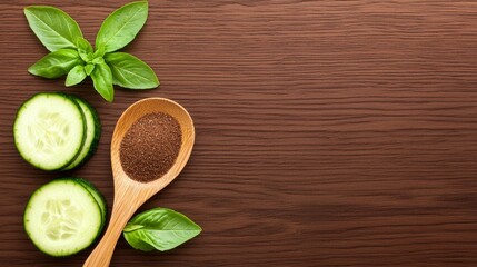 A wooden spoon filled with spices next to sliced cucumbers and basil leaves