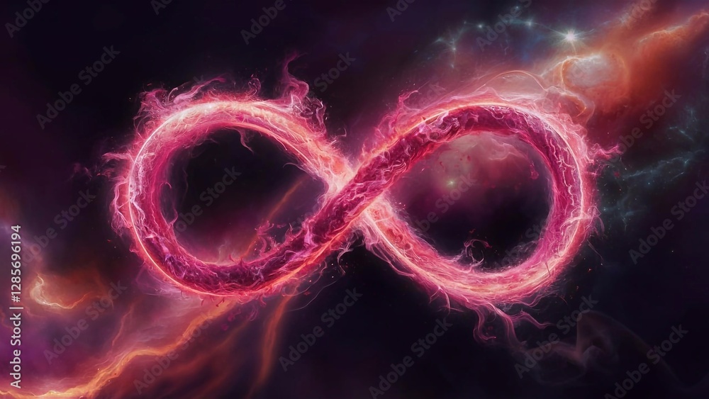Wall mural digital 3d infinity sign made of burning plasma on colorful night sky background showing boundless u
