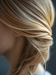 Naklejka premium Elegant Blonde Hair with Soft Twists Captured in Detailed Artistic Photography : Generative AI