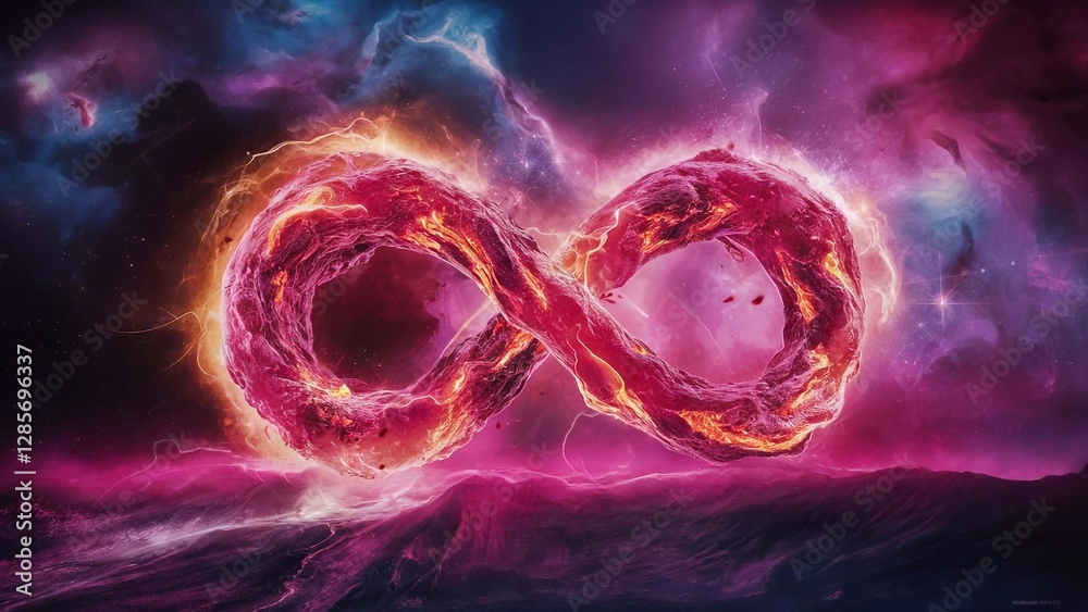 Wall mural digital 3d infinity sign made of burning plasma on colorful night sky background showing boundless u