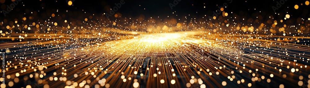 Poster radiant golden light rays with sparkles in dark background