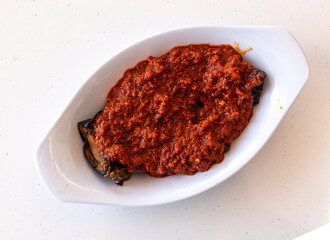 Aubergine appetizer, eggplant saksuka salad