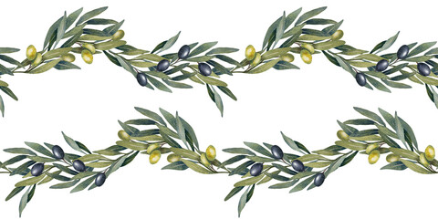 Cotton fabric Hand drawn watercolor seamless border with olive branches, green and black olives. Natural botanical composition with leaves and fruits. Perfect for packaging, textile, invitation, backgrounds, prints