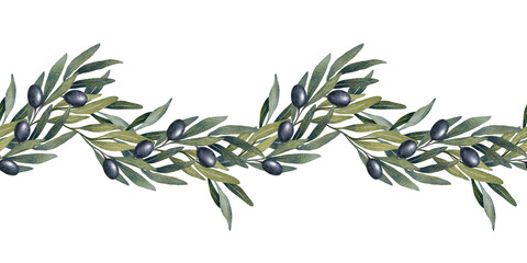 Hand drawn watercolor seamless border with olive branches, green and black olives. Natural botanical composition with leaves and fruits. Perfect for packaging, textile, invitation, backgrounds, prints
