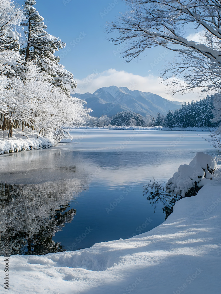 Aufkleber snow covered lake reflecting winter landscape with snowy trees and mountain backdrop : generative ai