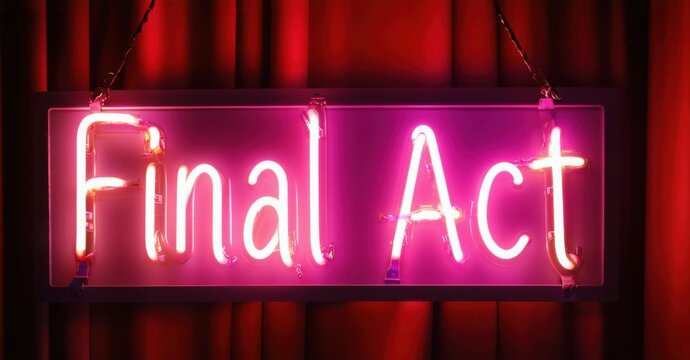 Glowing neon sign displaying Final Act with a dramatic stage curtain closing and a fading spotlight, symbolizing the grand finale of a performance or cinematic masterpiece
