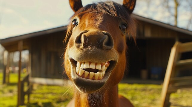Horse with its lips curled up, showing teeth in a goofy "smile"