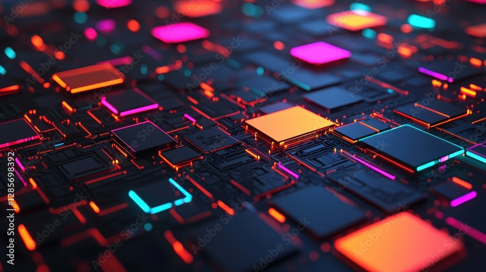 Poster Abstract Digital Circuit Board with Neon Light Elements and Patterns