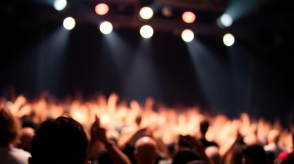 Crowd at a concert enjoying music, with raised hands illuminated by stage lights in a dark venue.