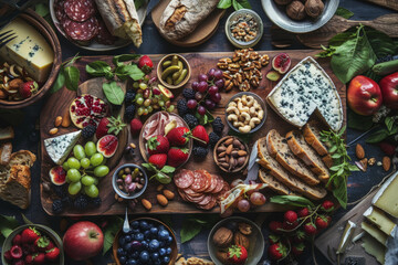 Bountiful Charcuterie Grazing Table Flatlay with Cheeses, Fresh Fruits, Nuts and Elegant Flower Accents