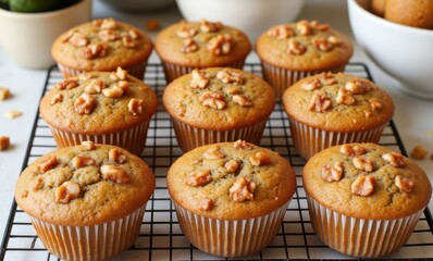 Freshly baked walnut muffins on rack