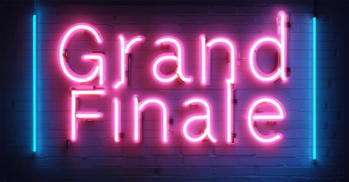 Glowing neon sign displaying grand finale in vibrant colors, evoking a dramatic theater climax with dazzling illuminated letters against a dark background, symbolizing a spectacular ending