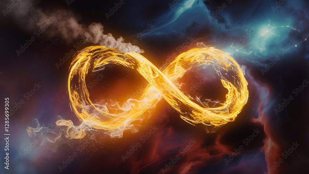 Wall mural digital 3d infinity sign made of burning plasma on colorful night sky background showing boundless u