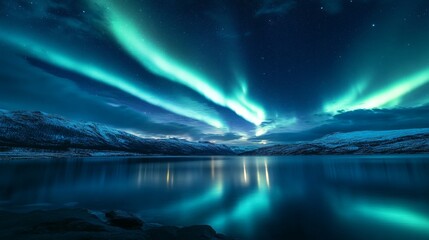 Naklejka premium Breathtaking northern lights over snow-capped mountains and reflective lake at night