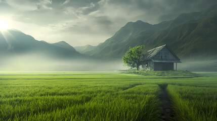 Quaint cabin stands amidst a lush green field with a path leading up, framed by distant mountains and soft morning light, perfect for travel or nature themes.