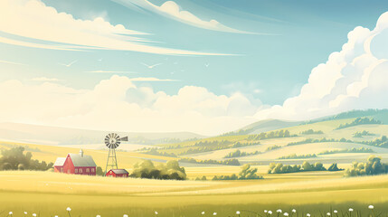 Serene farmland scene features a red barn, classic windmill, and rolling green hills beneath a sunny sky Great for backgrounds and illustrations.