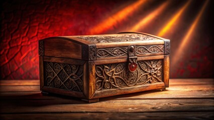 Intricately Carved Wooden Chest, a Timeless Treasure, Rests on a Rustic Wooden Surface Bathed in Warm Light