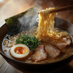 ramen giapponese con carne, uova e verdure