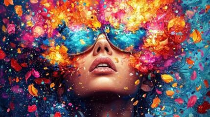 Obraz premium Vibrant Colorful Woman Surrounded by Abstract Flowers and Paint Splatter Wearing Sunglasses