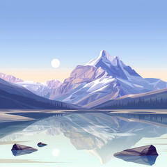 Serene mountain scenery showcases snow-capped peaks reflecting on a calm lake surface offering a peaceful vista Ideal for backgrounds and scenic designs.