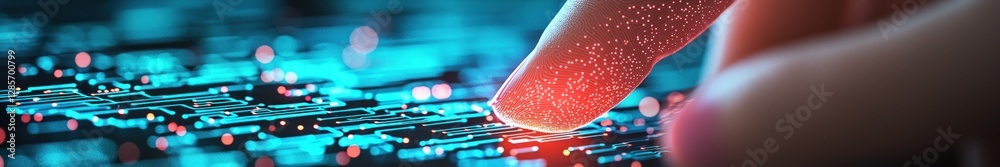 Poster finger touching digital circuit board with glowing particles