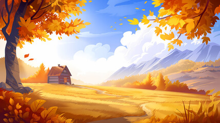 Scenic autumn landscape shows a small cabin on a hillside surrounded by colorful trees and mountains Perfect for seasonal backgrounds and art projects.