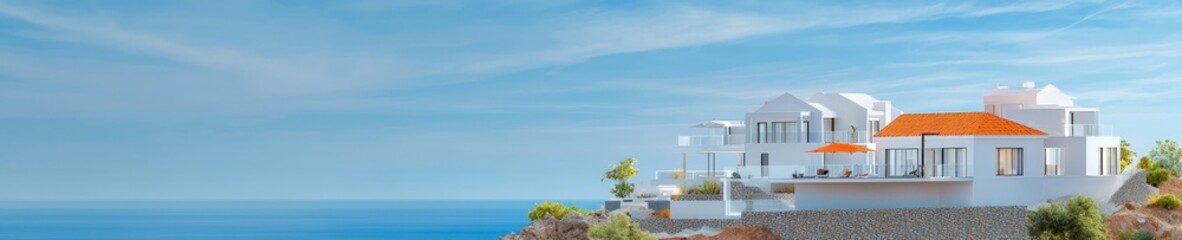 White Modern House Overlooking Calm Blue Ocean Under Clear Sky