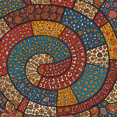 a spiral design with various shapes and colors, including flowers, leaves, and geometric elements.