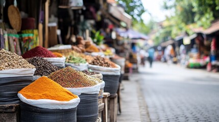 Fototapeta premium Colorful spices at market, street scene