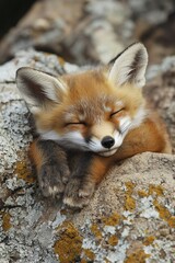 Fototapeta premium A small red fox sleeping on a rock with its eyes closed