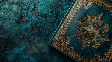 Ornate teal book cover with intricate gold detailing on a textured background