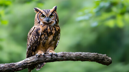 Obraz premium Majestic Horned Owl on Branch with Lush Green Background Nature Wildlife : Generative AI