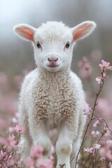 Obraz premium A small white lamb standing in a field of pink flowers