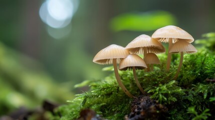 Fototapeta premium Close-up of clustered mushrooms growing amidst lush green forest moss