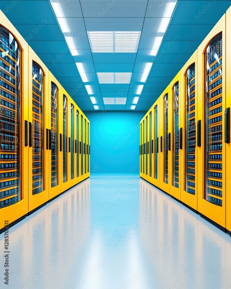 Poster Modern Data Center Server Room Rows of Yellow Network Servers in a Blue Corridor High Tech IT Infrastructure
