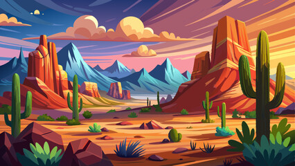 A stunning desert landscape with majestic mountains and vibrant cacti © ehsanollah