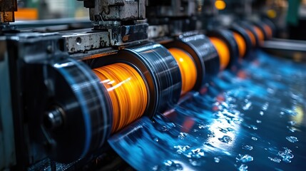Fototapeta premium This close-up shot highlights high-quality magazine, brochure, and poster printing services, showing the printing machine rollers and freshly printed materials.