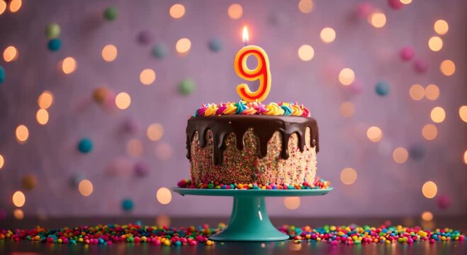 9th birthday celebration cake, with candles in the shape of the number 9