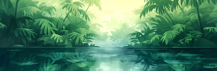 Calm river flows through a dense tropical forest with vibrant green foliage, creating a peaceful atmosphere perfect for backgrounds or nature designs.