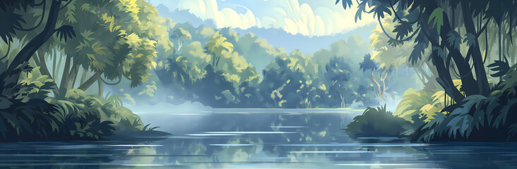 Scenic river runs through a vibrant green forest with early morning mist creating a peaceful and natural setting Perfect for nature backgrounds and landscapes.