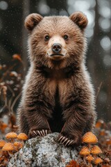 Fototapeta premium A brown bear sitting on top of a rock in the woods