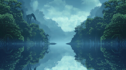 Still lake reflecting trees and a cloudy, somewhat misty sky, creating a serene atmosphere and a balanced symmetrical composition, great for nature backgrounds.