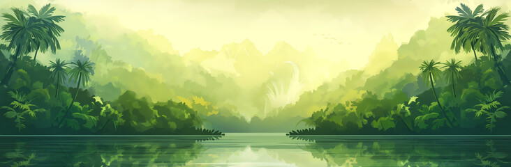 Lush river with tropical trees offers a tranquil scene, ideal for nature backgrounds or promoting peaceful destinations.