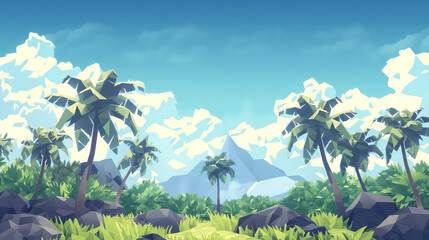 Tropical island scene with palm trees, rocks, and a distant mountain under a bright sky evokes a sense of calm and adventure Great for travel and nature themes.