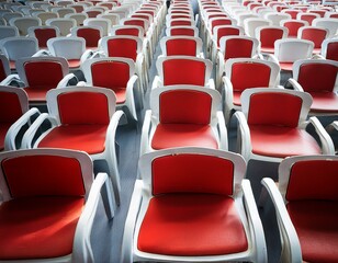 Obraz premium Rows of white and red chairs, front