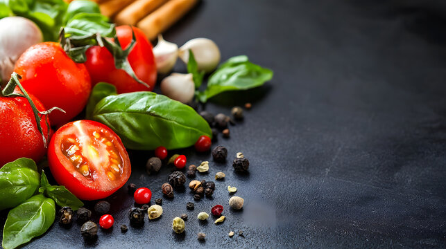 Fresh ingredients with tomatoes basil garlic and peppercorns on dark culinary background : Generative AI - Powered by Adobe