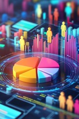 Fototapeta premium A vibrant digital representation of data analytics featuring pie charts and bar graphs, with stylized figures symbolizing data interpretation